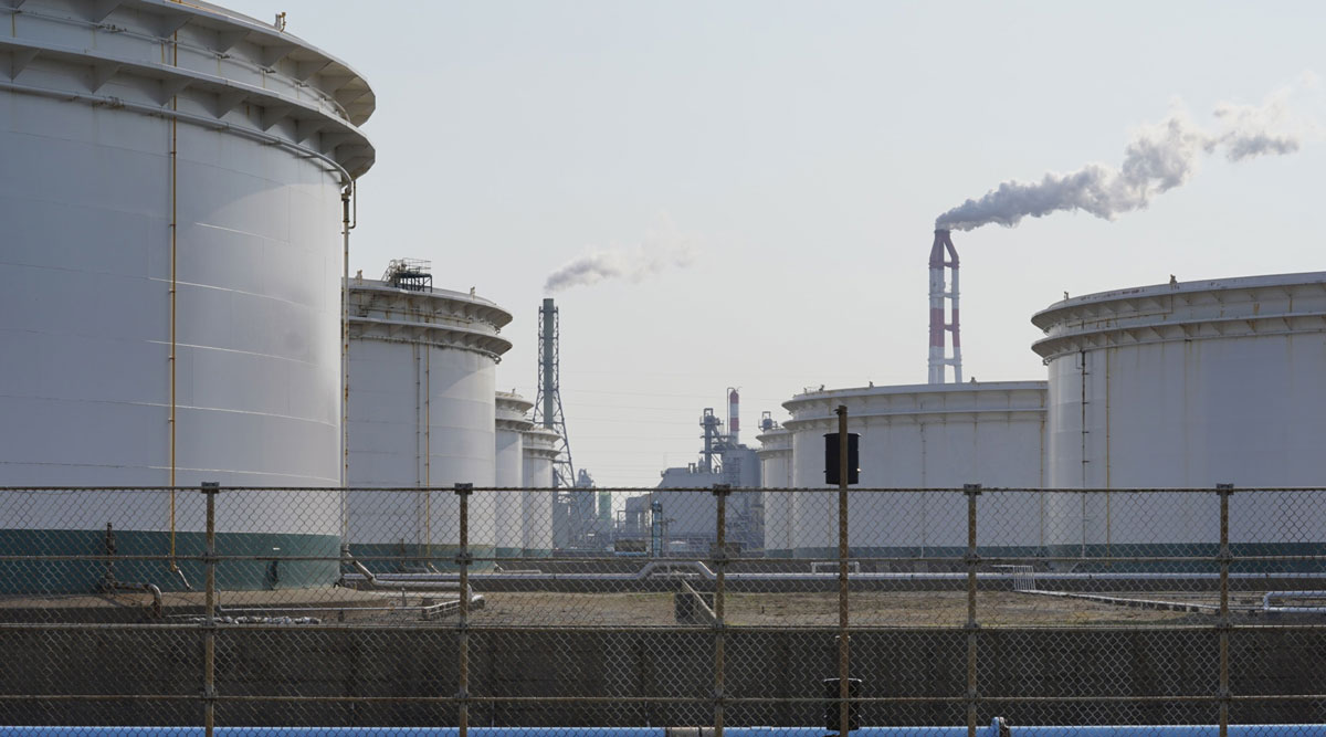 Oil storage tanks stand in Japan in April.