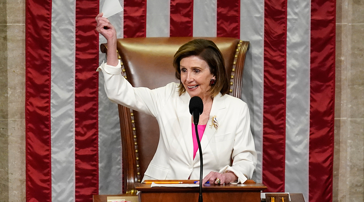Speaker of the House Nancy Pelosi presides over passage of the expansive social and environment bill