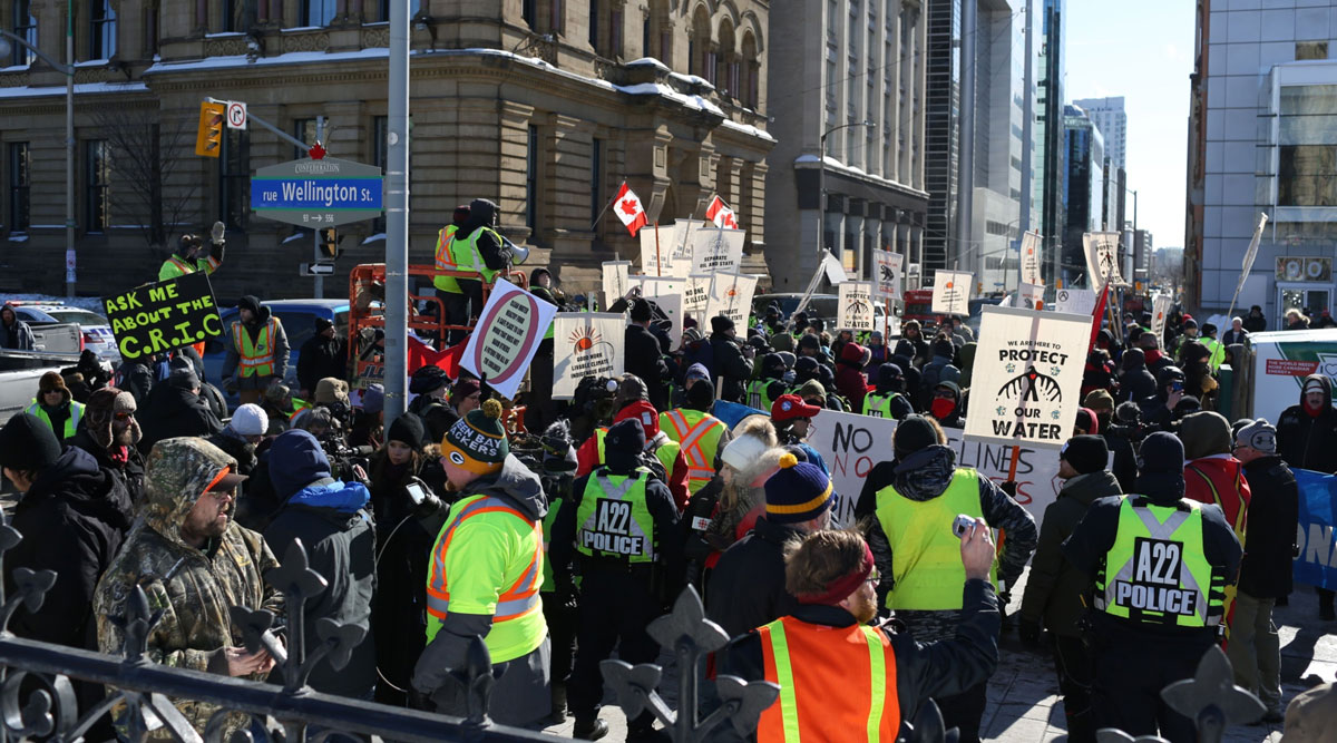 Pipeline protesters countered pro-pipeline demonstrations in Ottawa, Ontario, in February 2019.