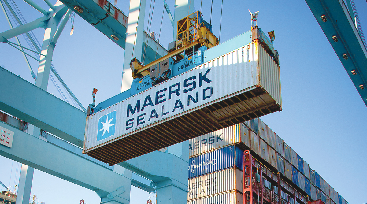 A shipping container is off-loaded at the Port of Los Angeles.