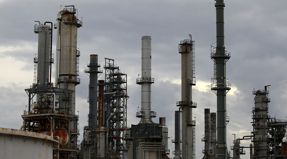Emissions stacks at the Valero Energy Corp. oil refinery in Memphis