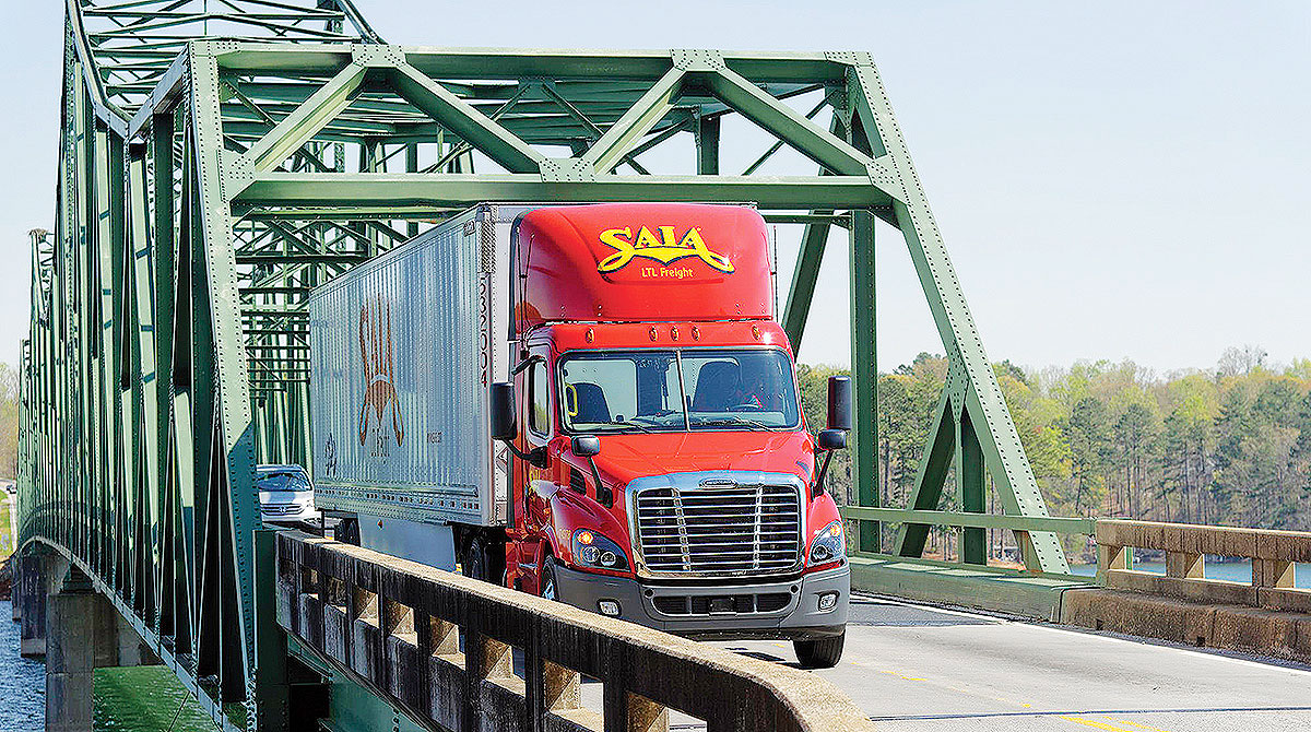 Saia truck crosses bridge