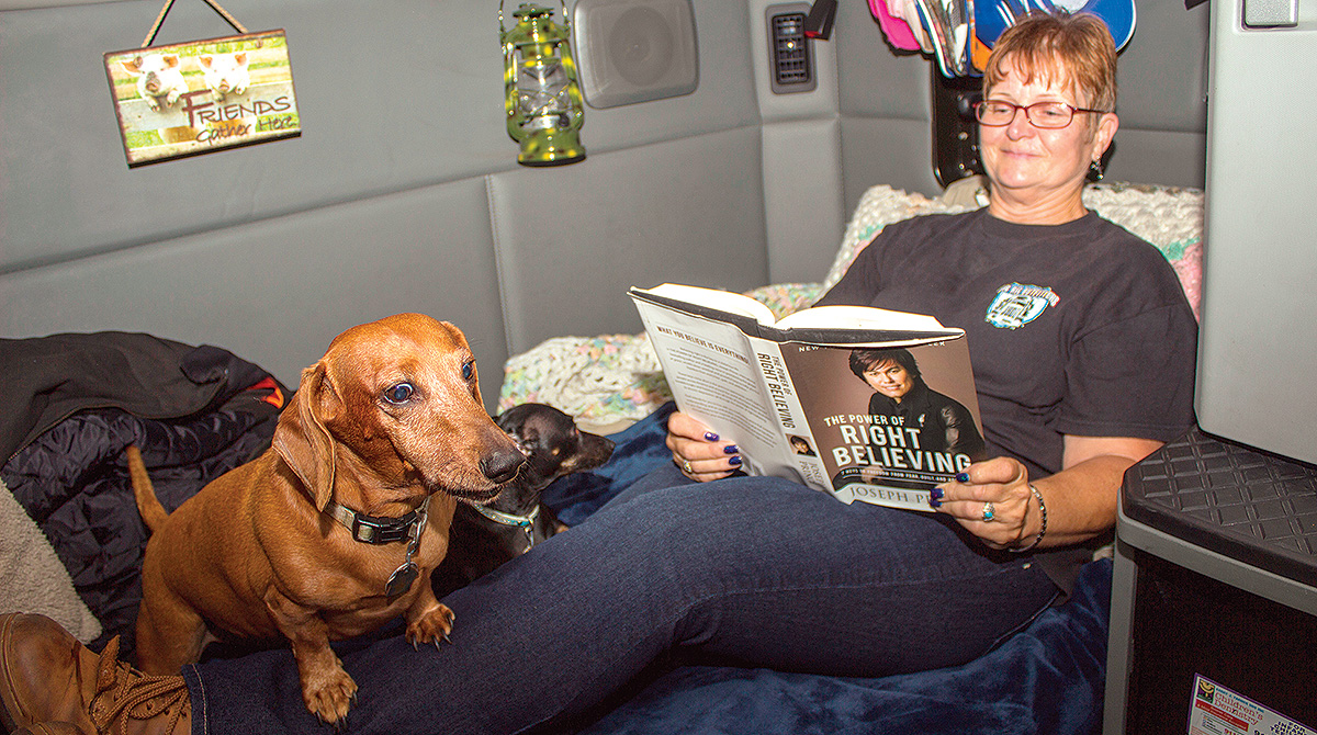 Driver and her dogs in a sleeper berth