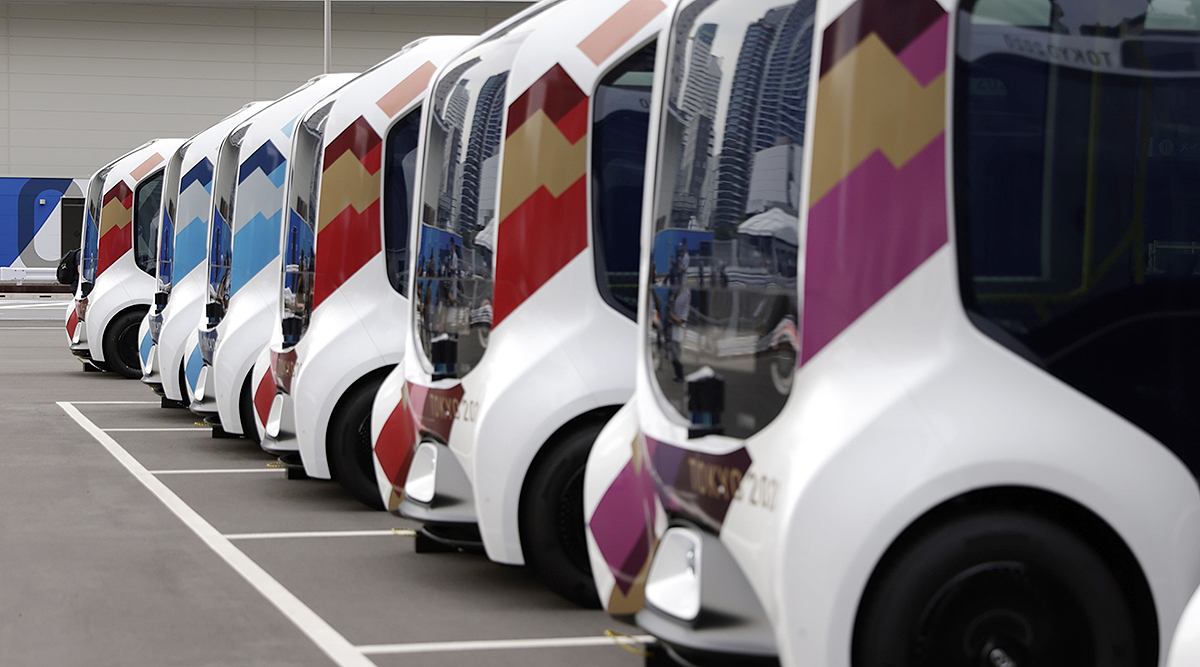 Toyota Motor Corp. e-Palette vehicles at the Olympic village in Tokyo