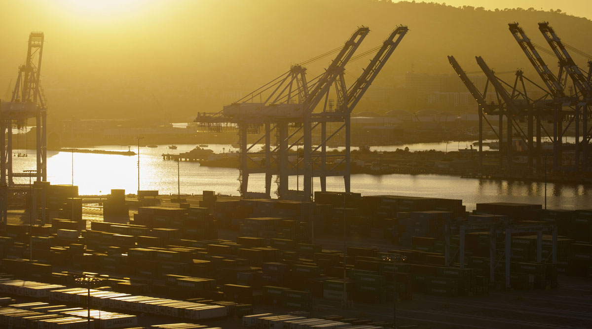 Gantry cranes stand above the APM shipping terminal at the Port of Los Angeles. (Patrick T. Fallon/Bloomberg News)