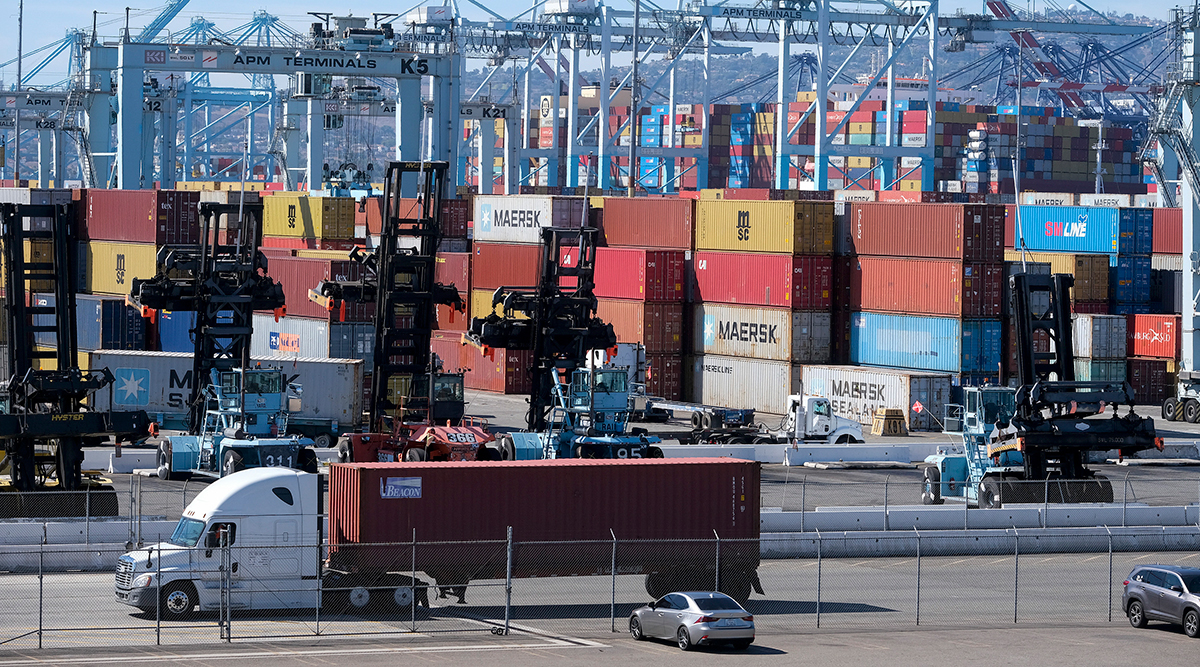  Cargo containers sit stacked at the Port of Los Angeles