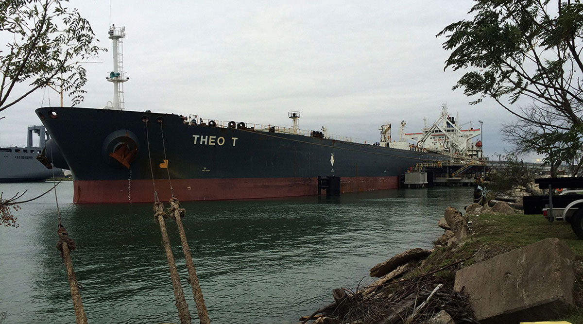 The Theo T oil tanker sits docked at a facility in Corpus Christi, Texas, in December 2015.