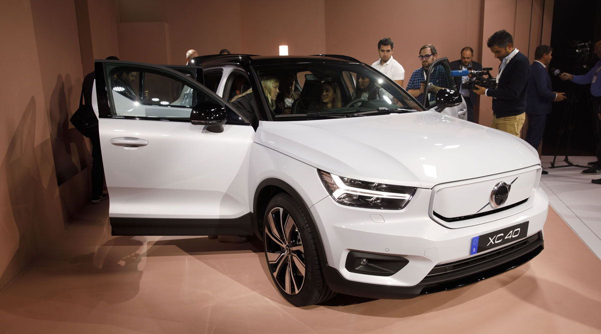 The Volvo XC40 Recharge electric SUV is displayed during an event in Los Angeles in October 2019.