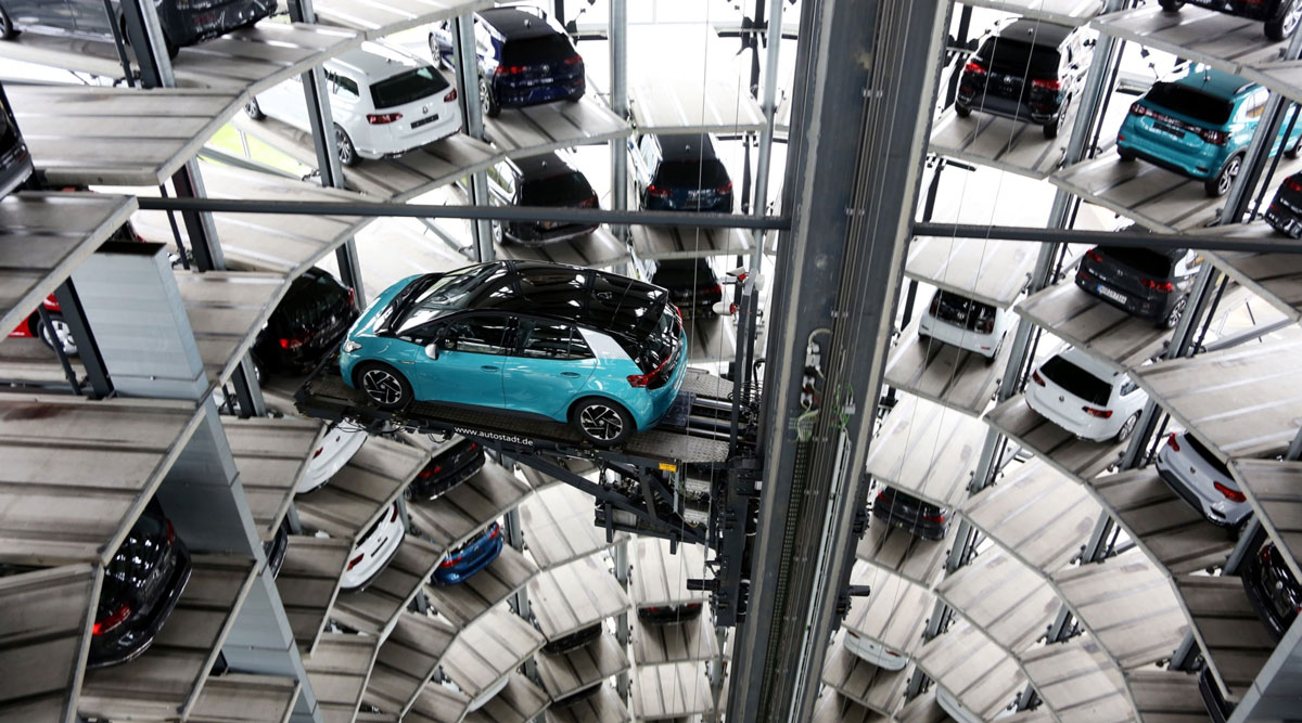 A VW ID.3 electric vehicle is seen inside the company's Autostadt delivery towers in Wolfsburg, Germany.