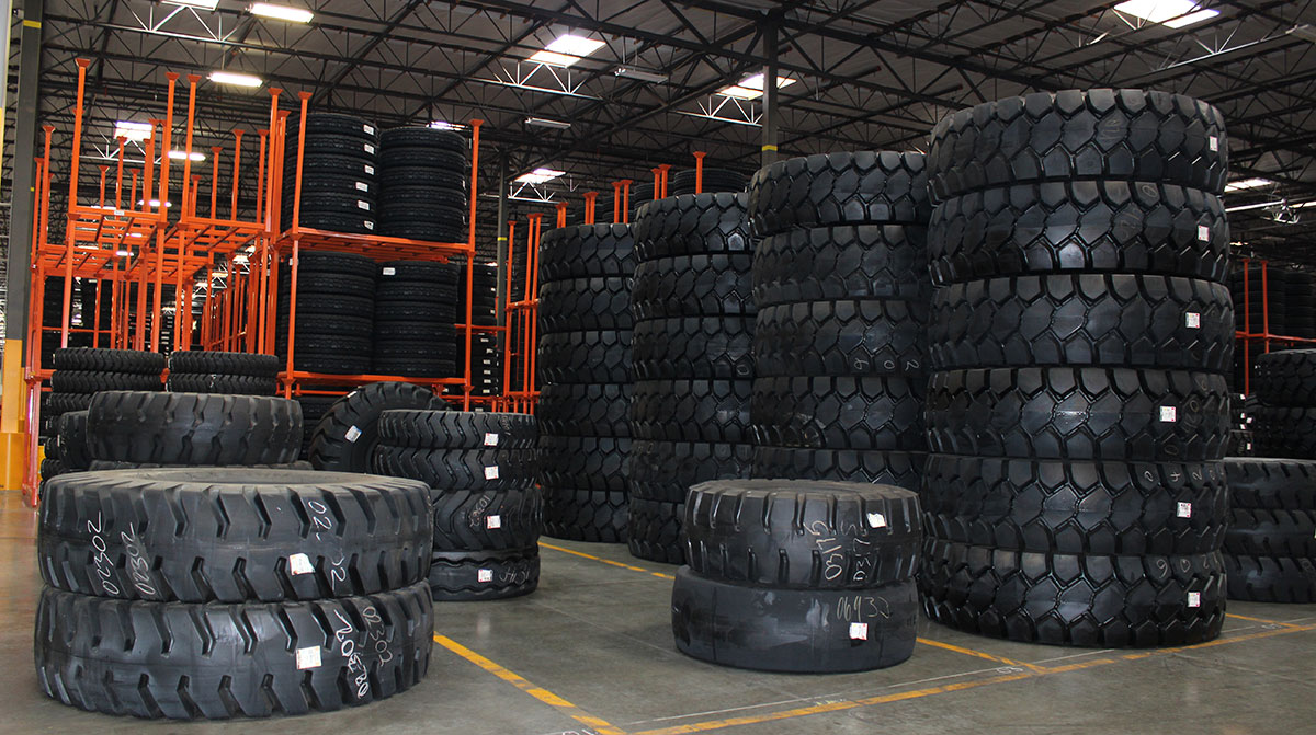 Yokohama tires stacked in a warehouse