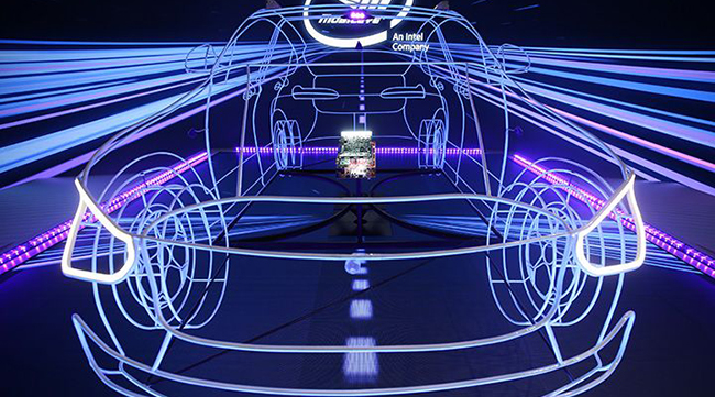 A display highlighting Mobileye's autonomous-driving technology