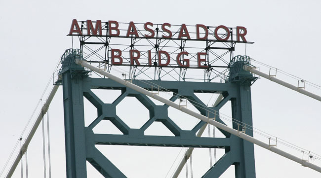 The Ambassador Bridge name is seen on one of the bridge's two towers in 2010.