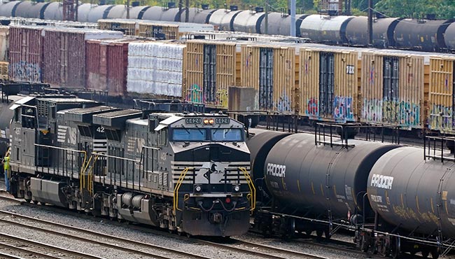 Norfolk Southern locomotives work in the in the Conway Terminal in Conway, Pa.