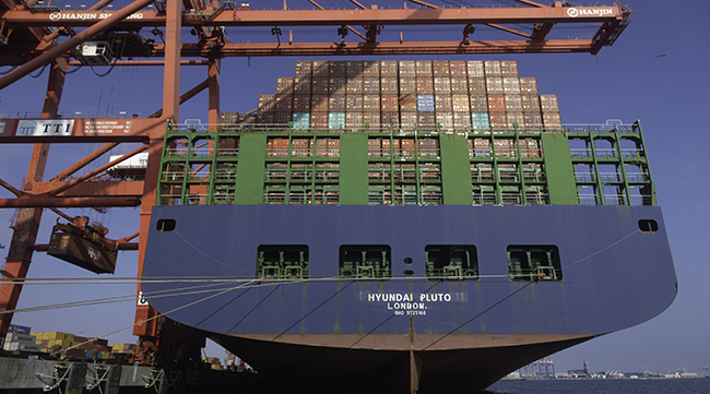 Cargo is loaded at the Port of Long Beach