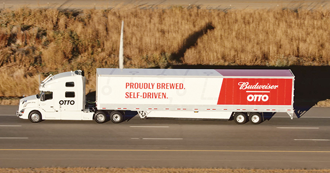 A self-driving Otto truck hauls Budweiser beer
