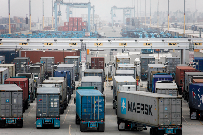 Trucks line up at the Port of Los Angeles.