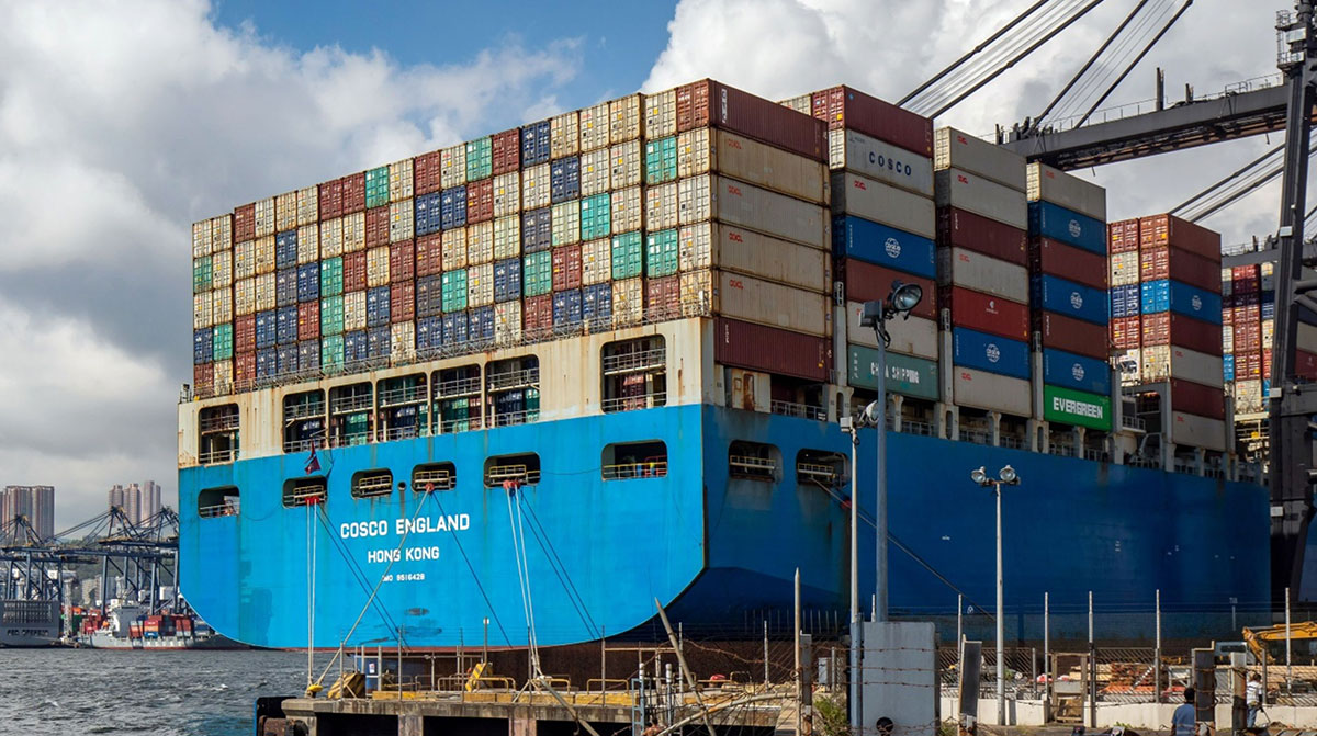 Boxes stacked on a containership at a port in Hong Kong.