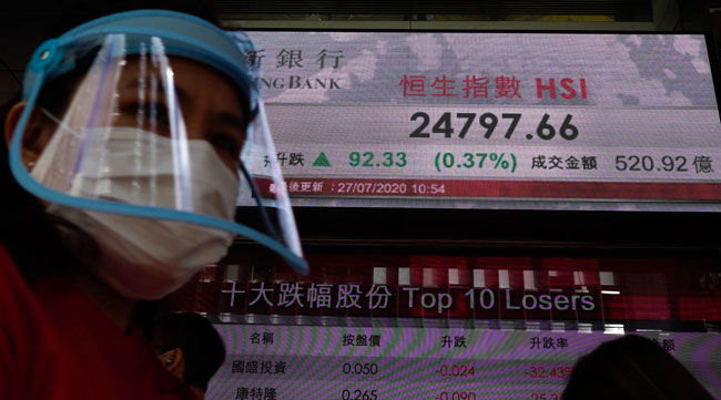 A man wearing a face mask and a shield walks past a bank's electronic board showing the Hong Kong share index at the Hong Kong Stock Exchange on July 27.