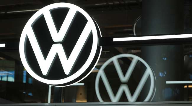 A Volkswagen logo on display