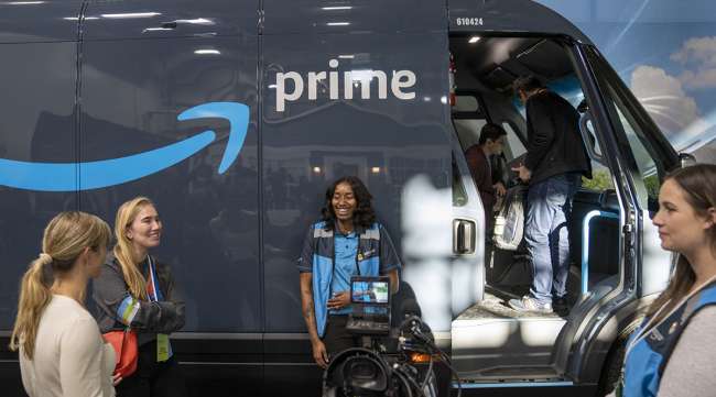 A Rivian-designed Amazon delivery van on display