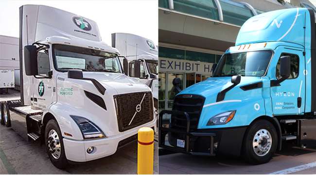 A battery-electric truck (left) and a hydrogen-powered truck