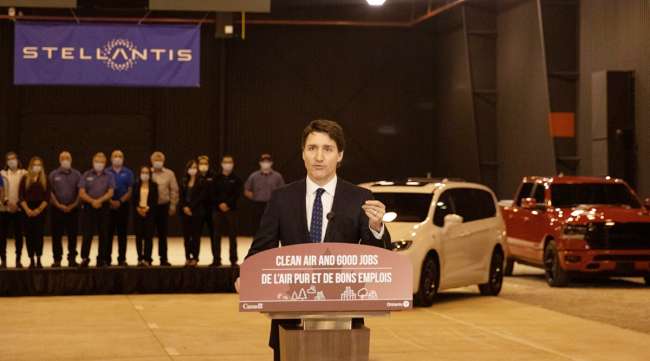 Justin Trudeau at a Stellantis event