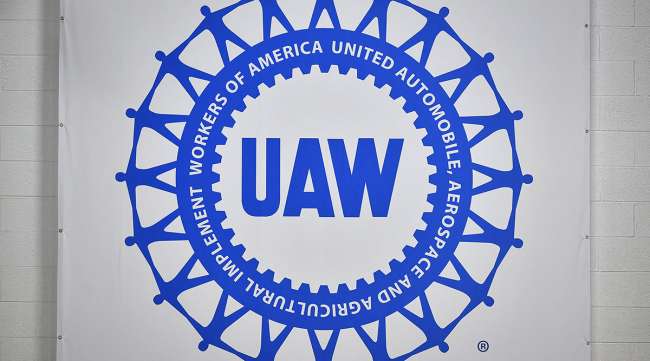 The logo of the United Auto Workers union at the General Motors Factory ZERO facility