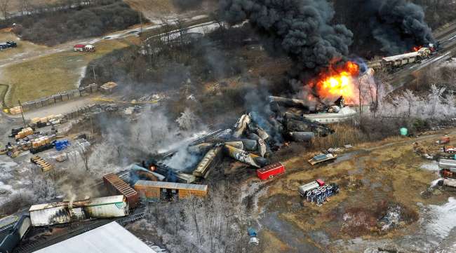 Aerial drone image of train derailment in East Palestine, Ohio