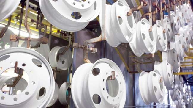 Truck wheels at an Accuride plant