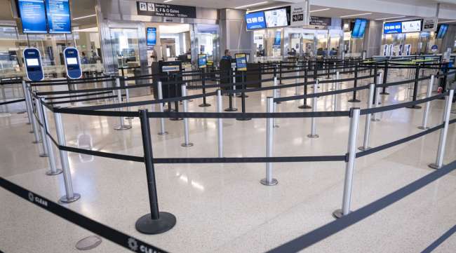 A mostly empty security area at San Francisco International Airport on April 2.