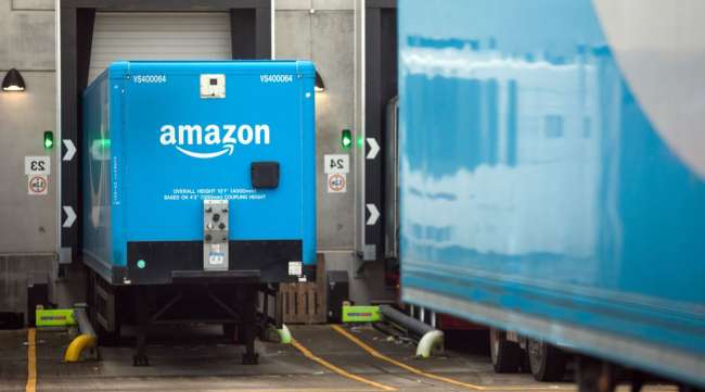 An Amazon Prime truck sits at a company fulfillment center in November 2020. (Chris Ratcliffe/Bloomberg News)