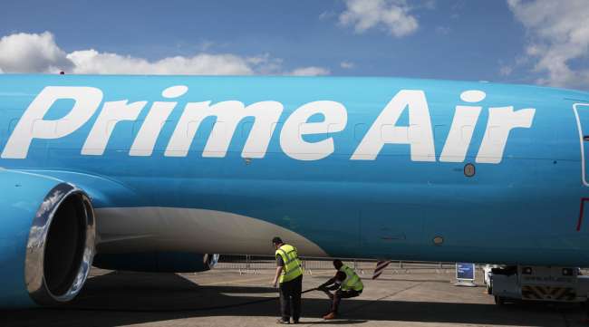 A Prime Air cargo plane operated by Amazon sits on display in France in June 2019.