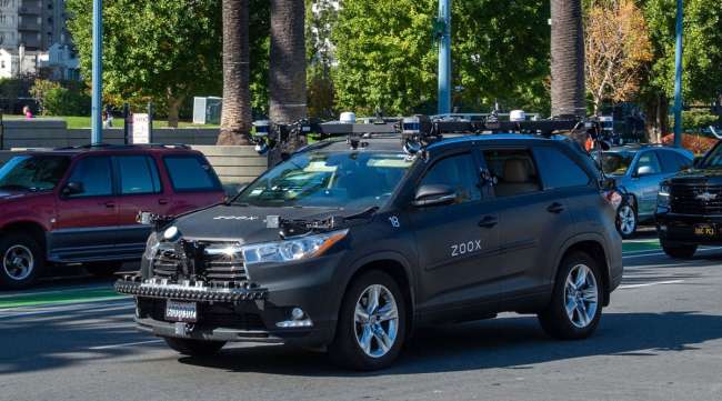 A Zoox autonomous car takes a test drive in November 2019 in San Francisco.