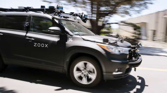 A Zoox self-driving car is operated outside the company's headquarters in California on May 27.