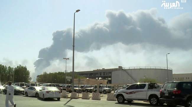 Smoke from a fire at the Abqaiq oil processing facility