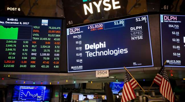 A monitor displays Delphi Technologies PLC on the floor of the New York Stock Exchange in 2017.
