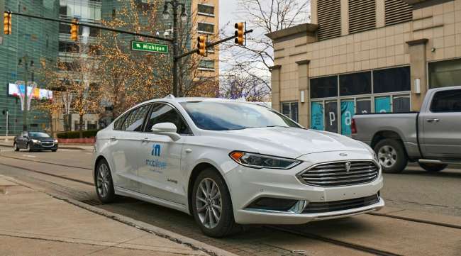 A self-driving vehicle from Intel company Mobileye's autonomous test fleet navigates Detroit streets.