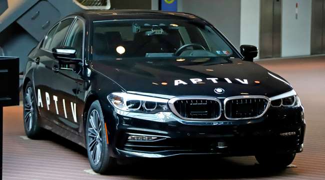 Autonomous BMW under development by Aptiv in Pittsburgh on display in  March