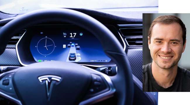Tesla Autopilot with an inset photo of Andrej Karpathy