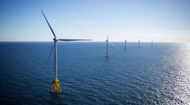 The GE-Alstom Block Island Wind Farm stands in the water off Block Island, R.I.