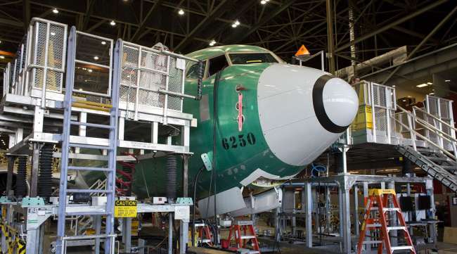 The nose of a Boeing 737 Max plane sits during production at the company's manufacturing facility in Renton, Wash.