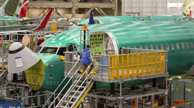 A Boeing 737 Max airplane sits on the production line at the company's manufacturing facility in Renton, Wash., in March 2019.