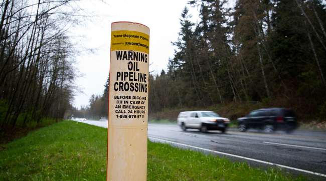 A petroleum pipeline crossing marker next to road in Canada