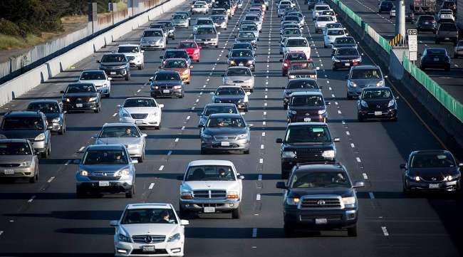 Traffic travels eastbound on Interstate 80 in Berkeley, Calif.