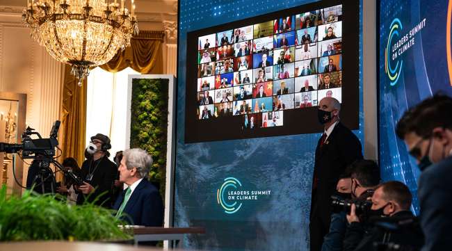 World leaders listen remotely during the virtual Leaders Summit on Climate on April 23