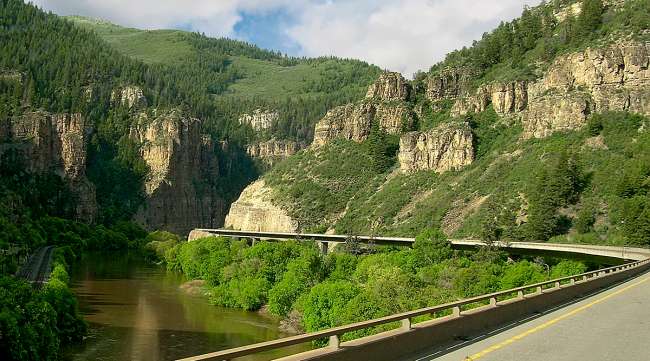 Interstate 70 stretching through Glenwood Canyon near French Creek, Colorado