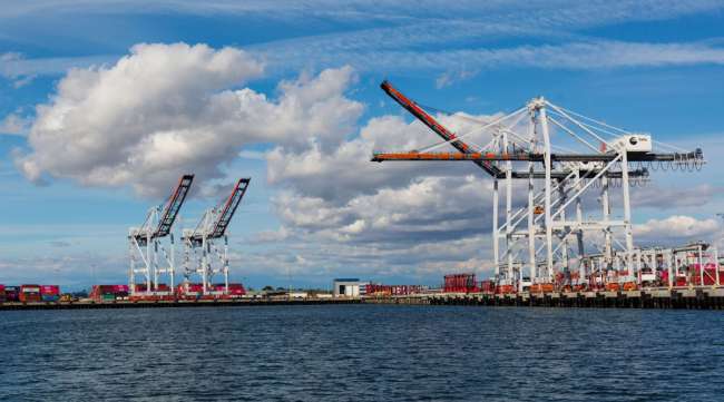 Gantry cranes stand idle at the Port of Los Angeles on March 8.