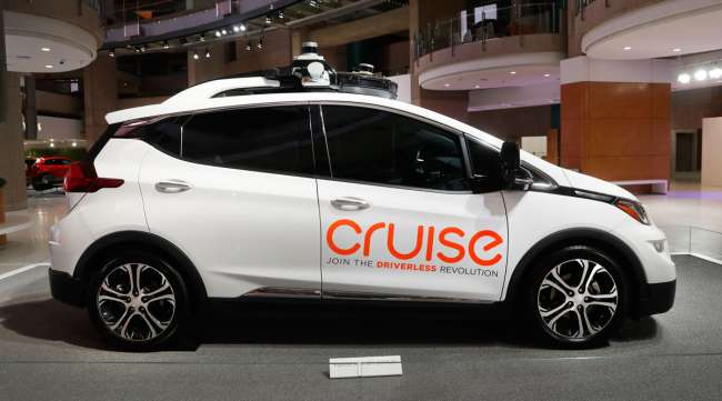 GM's Bolt electric vehicle, with Cruise's autonomous technology installed, is displayed in Detroit.