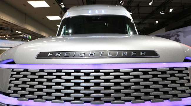 A Daimler AG Freightliner Cascade Evolution concept autonomous truck stands on display. (Krisztian Bocsi/Bloomberg News)