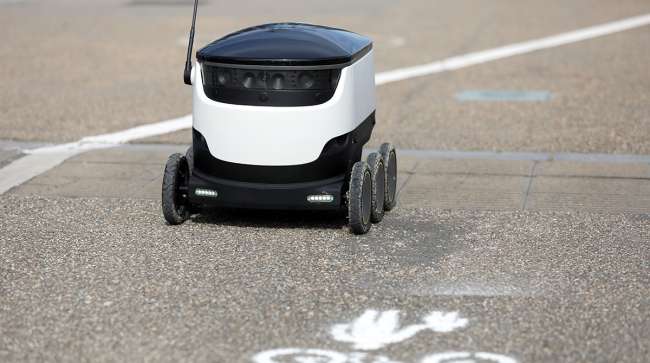 An autonomous parcel delivery robot, developed by Starship Technologies.